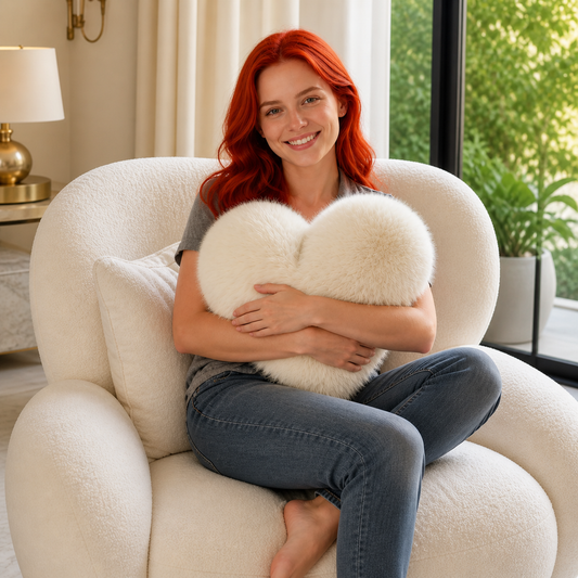 Woman sitting on a white armchair holding a heart-shaped pillow in a bright room.