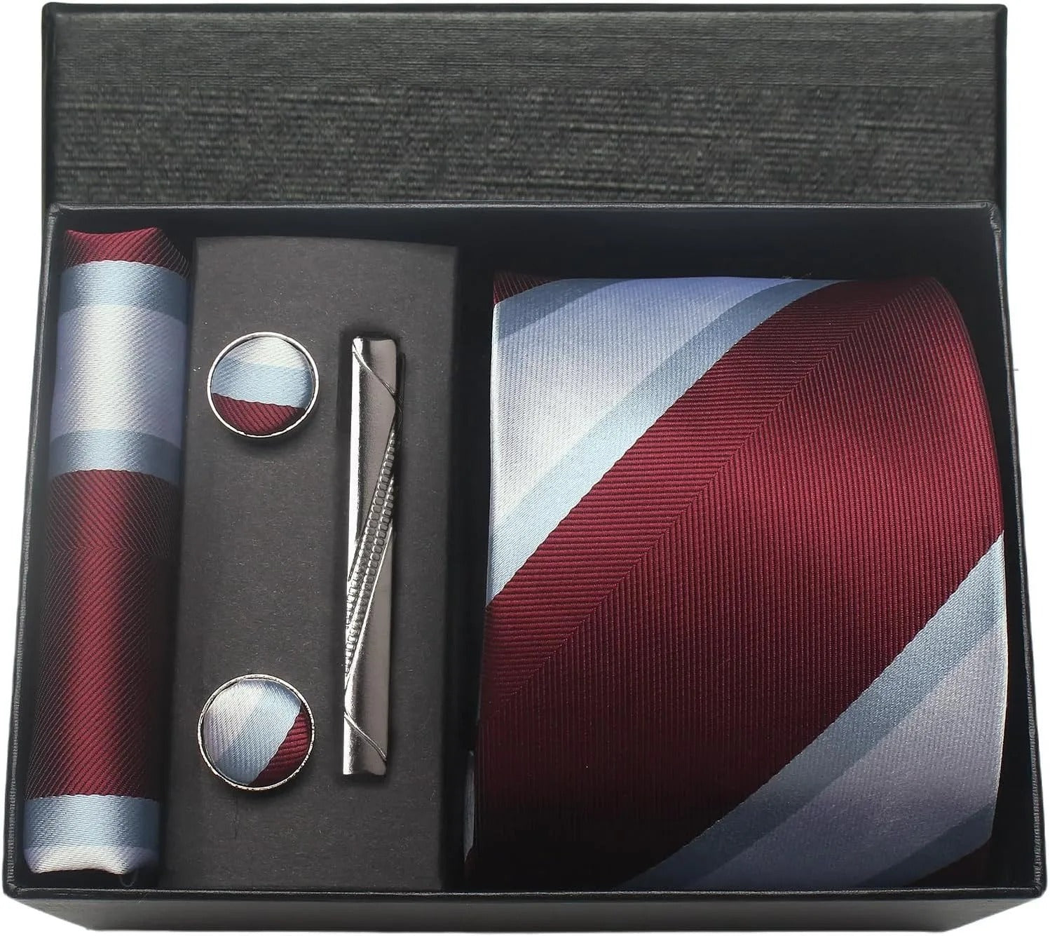 Groomsmen gift set with tie, cufflinks, and tie clip in a black box