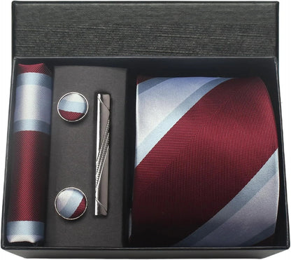 Groomsmen gift set with tie, cufflinks, and tie clip in a black box