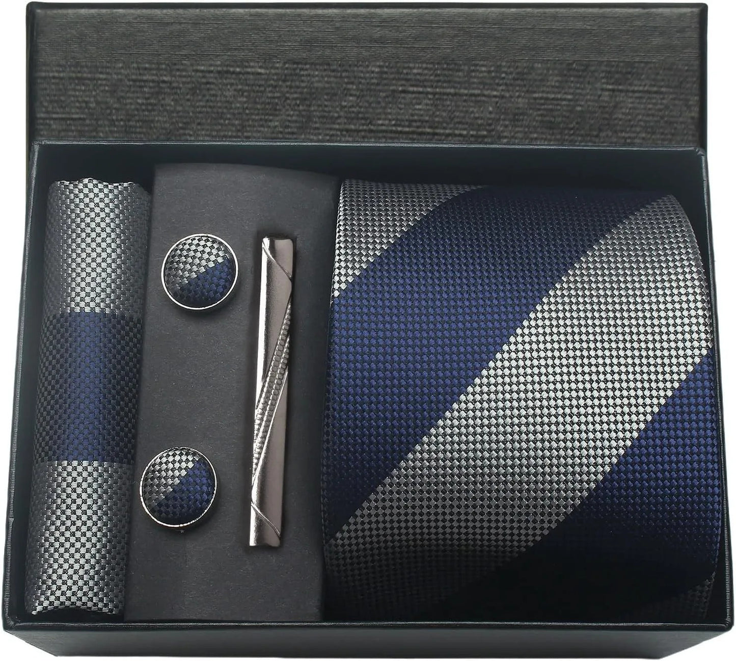 Navy and gray tie set with accessories in a black box